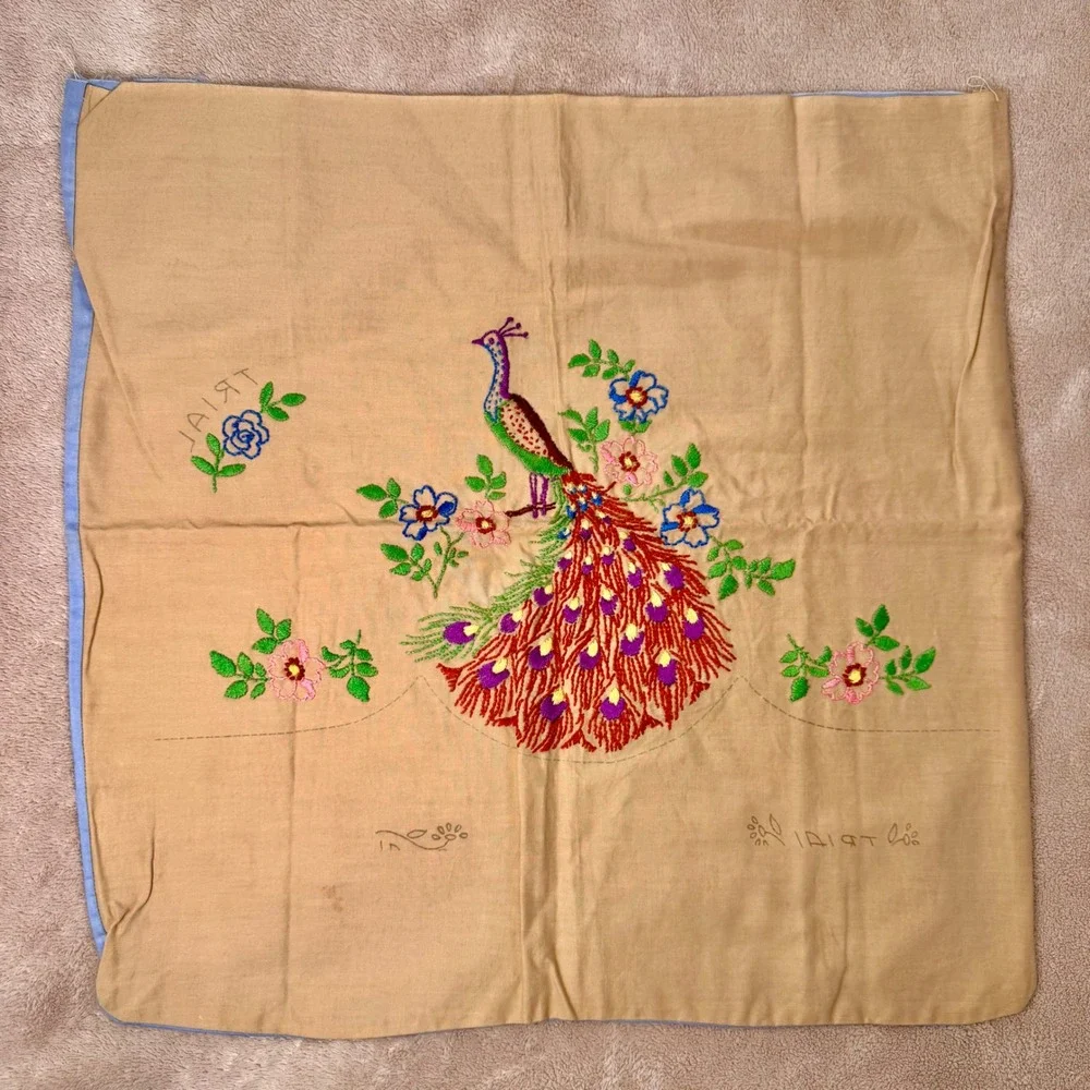 Vintage Peacock Embroidered Pillow‎ Cover Cottagecore Artsy Retro Decor 17x17